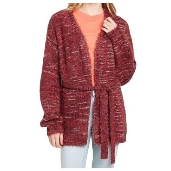 Knox Rose Cardigan Sweater Womens XL Burgundy Red Fuzzy Eyelash Tie Front Cozy - Picture 1 of 15